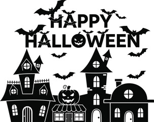 Happy Halloween text with flying bats and spooky haunted town silhouette, black vector illustration of creepy houses, perfect for holiday greeting banners and cards.