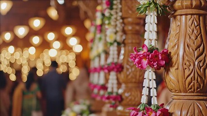 Indian wedding ceremony decorations, vibrant garlands and bokeh lights creating a festive atmosphere