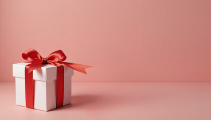 White gift box with red ribbon on pink background