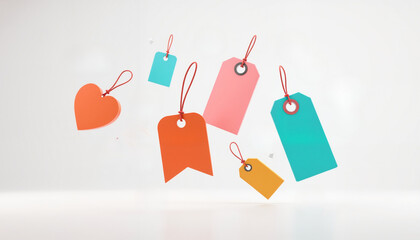 Colorful price tags and heart shapes floating in a minimalistic setting  