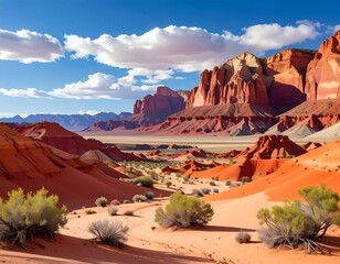 Desert landscape with red rock formations under a blue sky