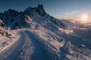 A snow-covered mountain trail at dawn, soft golden light breaking through the fog. Generative AI