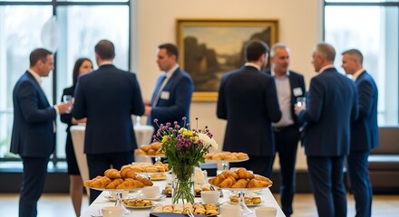 Professionals networking at a formal business event with refreshments