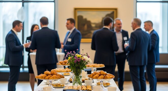 Professionals networking at a formal business event with refreshments