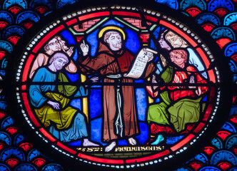 Stained glass (19th century) of St. Francis of Assisi. Saint and Mystic of the Roman Catholic...