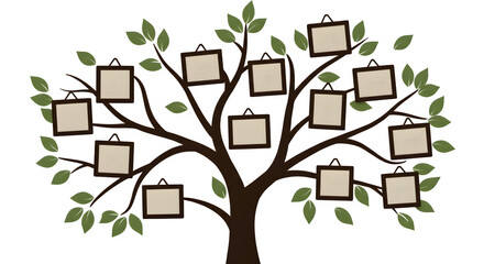 Brown tree branch, minimalist art displays family photos. Use for genealogy, family history posters, website graphics, or digital design projects.
