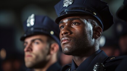 A somber gathering of police officers, their focused gazes and sharp uniforms conveying a sense of duty and solemnity, creating a powerful and impactful scene.