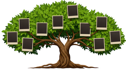 Green leafy tree displays blank picture frames. Family tree illustration for genealogy, family history projects.