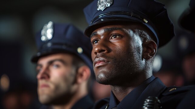 A somber gathering of police officers, their focused gazes and sharp uniforms conveying a sense of duty and solemnity, creating a powerful and impactful scene.