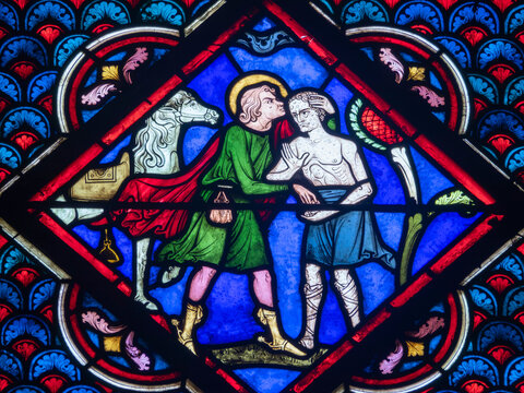 Stained glass (19th century) of Saint Martin of Tours, the kiss to the leper.