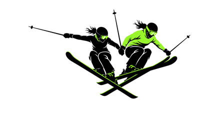 Dynamic skiers soaring down the slopes in tandem style, capturing the thrill and excitement of winter sports, perfect for travel and adventure themes