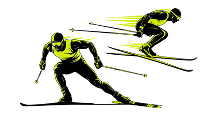 Dynamic skiers speeding downhill with energetic neon glow, perfect for extreme sports marketing or winter adventure campaigns, capturing action and speed