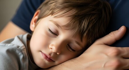 Fototapeta premium Child Sleeping Peacefully on Father's Arm, A Moment of Comfort and Serenity