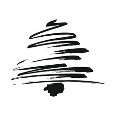 Brush stroke Christmas tree mark. Grunge ink xmas tree vector sketch. Marker hand draw Christmas tree icon. Ink brush calligraphy spruce tree. Christmas tree black silhouette. 
