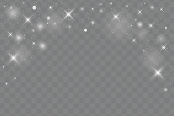Magical light effect border with glittering particles and stars for Christmas and New Year designs. Magical silver light sparkles, bokeh and glittering dust