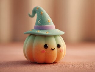 A cute pumpkin wearing a witch hat with stars and a moon on a pink surface with a blurred background
