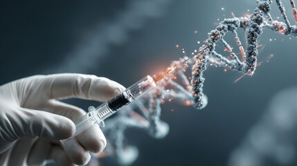 Hand in glove holding syringe injecting into DNA. Genetic engineering, gene therapy and modification concept with modern science technology.