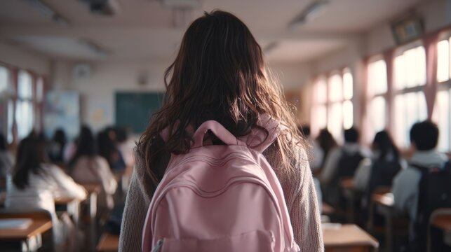 Woman student with pink backpack walking into classroom. Education and school concept for back to school time. Academic learning.