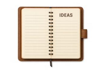 Open notebook with ideas written on a blank lined page, ready for brainstorming, creativity, and planning, transparent background