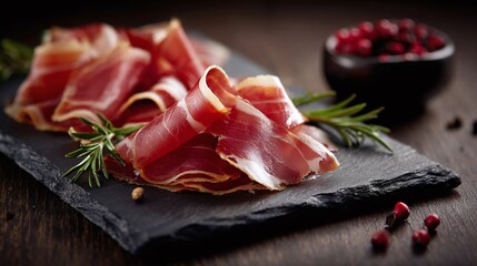 Slices of cured meat elegantly displayed on a slate board with fresh herbs and vibrant red berries. A delicious and visually appealing culinary delight.
