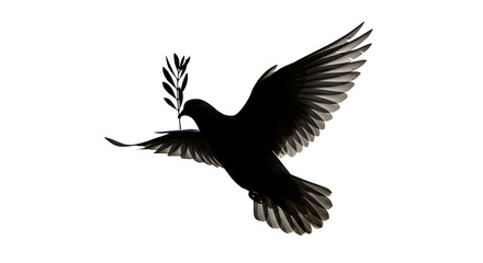 Dark dove silhouette flies with olive branch. Minimalist symbol for peace, hope, posters.