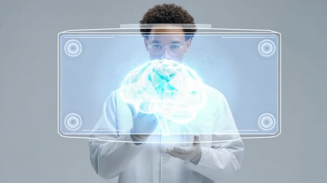 Scientist in a Lab Coat Holding a Glowing Brain Model with a Concentrated Expression in a Minimalist Studio Background
