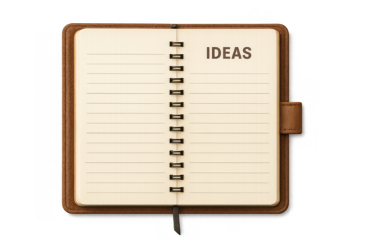 Open notebook with ideas written on a blank lined page, ready for brainstorming, creativity, and planning, transparent background