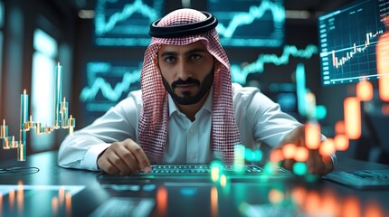 Dynamic Middle Eastern investor analyzes vibrant stock market data for high growth investment opportunities in modern financial landscape