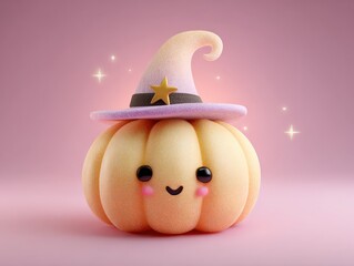 Cute pumpkin wearing a witch hat with a star on a pink background with sparkles around it halloween