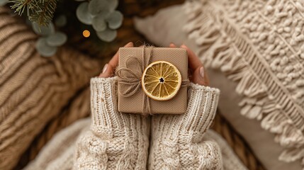 Hands holding eco Christmas gift wrapped in natural materials