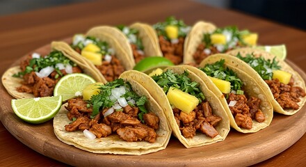 A wooden platter filled with delicious Mexican tacos al pastor, garnished with pineapple, cilantro, and onions.