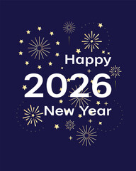 2026  happy new year square banner. White number with golden fireworks on the dark blue background. Ney Year greeting template for social media and typography. Holidays concept.