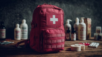 A comprehensive first aid kit, organized in a red backpack with a white cross, offering readily available assistance for emergencies and everyday health needs. Preparedness saves lives.