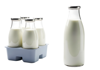 Four glass milk bottles in a carrier and one single bottle isolated on transparent background