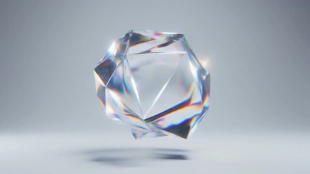 Floating abstract glass orb of layered translucent shards rotating gently with soft refracted lighting