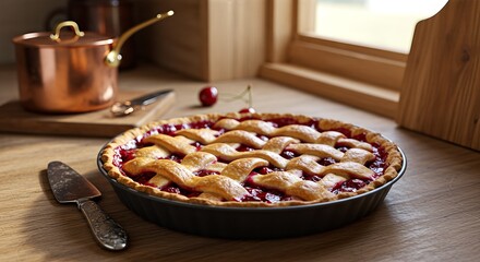 A freshly baked cherry pie with a lattice crust on a wooden kitchen counter, bathed in natural light.