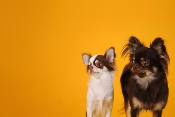 ​Two cute long-haired chihuahua dogs looking at copy space on yellow background. Couple of puppies standing together.