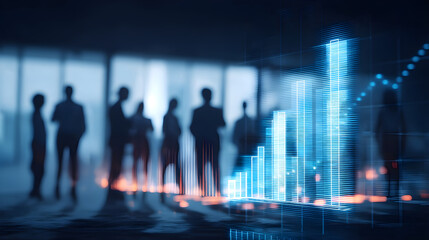 Business professionals discussing financial growth with digital graphs in a modern office environment