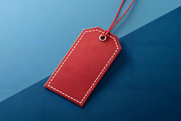 Blank red stitched tag with string on dual-tone blue background for versatile promotional or thematic use.  generative ai