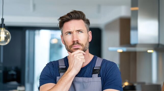 A thoughtful handyman in workwear, pondering a task in a modern kitchen. He's contemplating a plan with a focused expression, hand on chin, set against a blurred background.