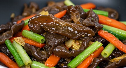 A close-up of a delicious Chinese stir-fry dish with black fungus, carrots, and celery.