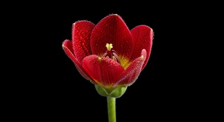 Stunning red tulip flower glistening with fresh dew drops, a vibrant and delicate bloom against a simple black backdrop, perfect for spring designs