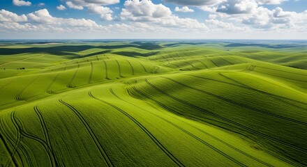Stunning aerial view of lush green rolling hills under a bright blue sky evokes serenity and natural beauty, ideal for travel and environmental themes