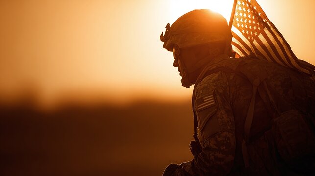 Silhouette of a soldier with the American flag against a radiant sunset. A symbol of duty, honor, and sacrifice in service to the nation. Reflections on freedom and patriotism.