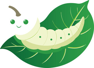 Cute silkworm cartoon character eating a green leaf illustration