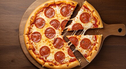 Delicious pepperoni pizza with melted cheese on a wooden serving board, with one slice being pulled away.