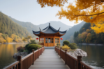 Chinese pavilion with traditional roof over water in scenic mountain garden landscape with trees in autumn color