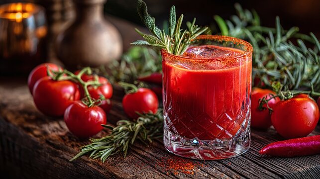 Vibrant tomato juice cocktail garnished with fresh rosemary, set against a rustic wooden backdrop with tomatoes and peppers, evokes a refreshing and natural beverage experience.