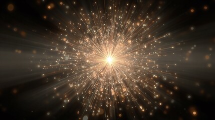 Naklejka premium Golden light streaks radiate from a central point, creating a dazzling and energetic display. The light streaks are accented by numerous sparkling dots, adding depth.