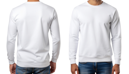 A man is wearing a white sweatshirt t-shirt, both on the front and back sides.